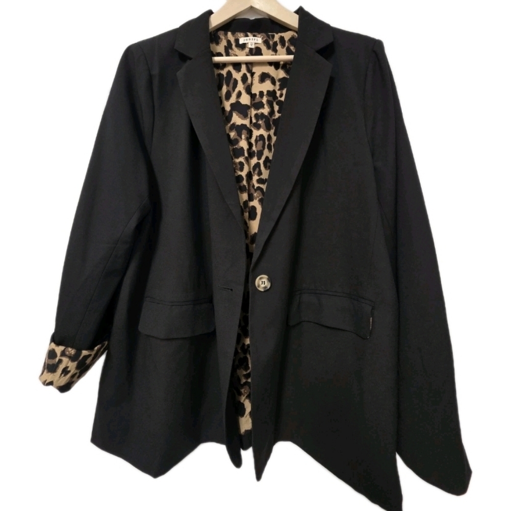 Jodifl Plus Black Blazer Leopard Print Lining Size 2x Roll Sleeve Lepoard Cuff - Picture 9 of 9